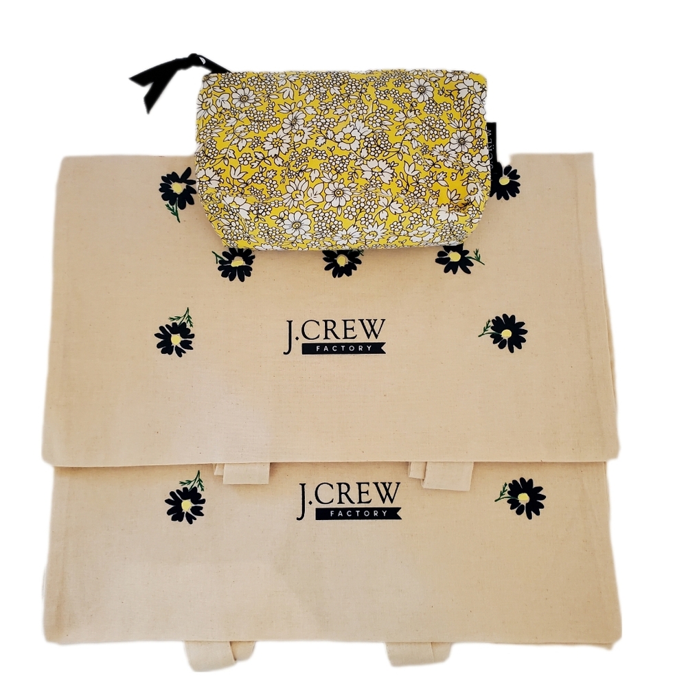 J Crew Factory Two Lightweight Floral Cotton Totes with One Floral Pouch